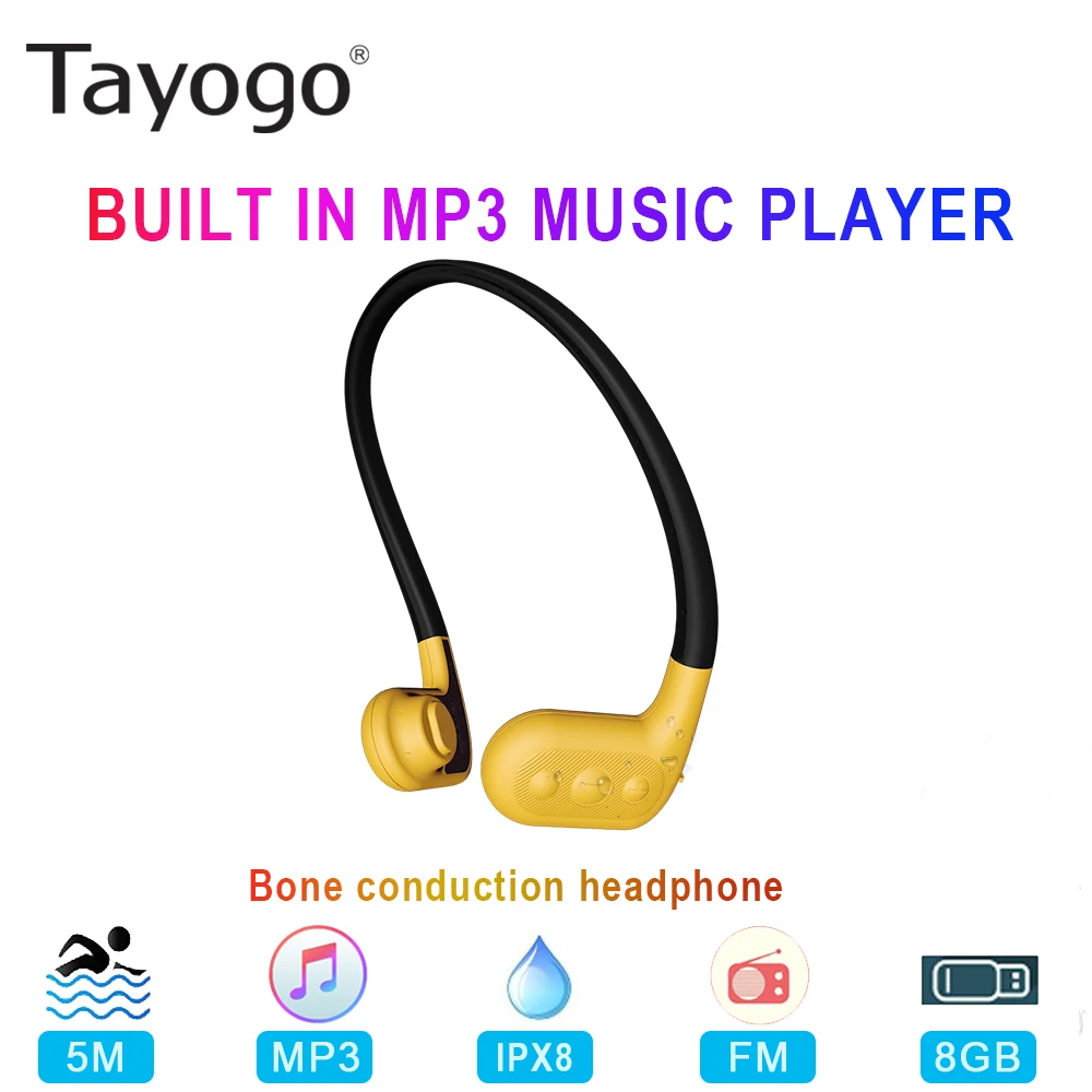 yellow earphone Tayogo W01 водонепроницаемые наушники с костной проводимостью 8 Гб MP3 плеер для плавания с fm-радио IPX8 спортивные наушники для дайвинга Runing - Цвет: yellow earphone