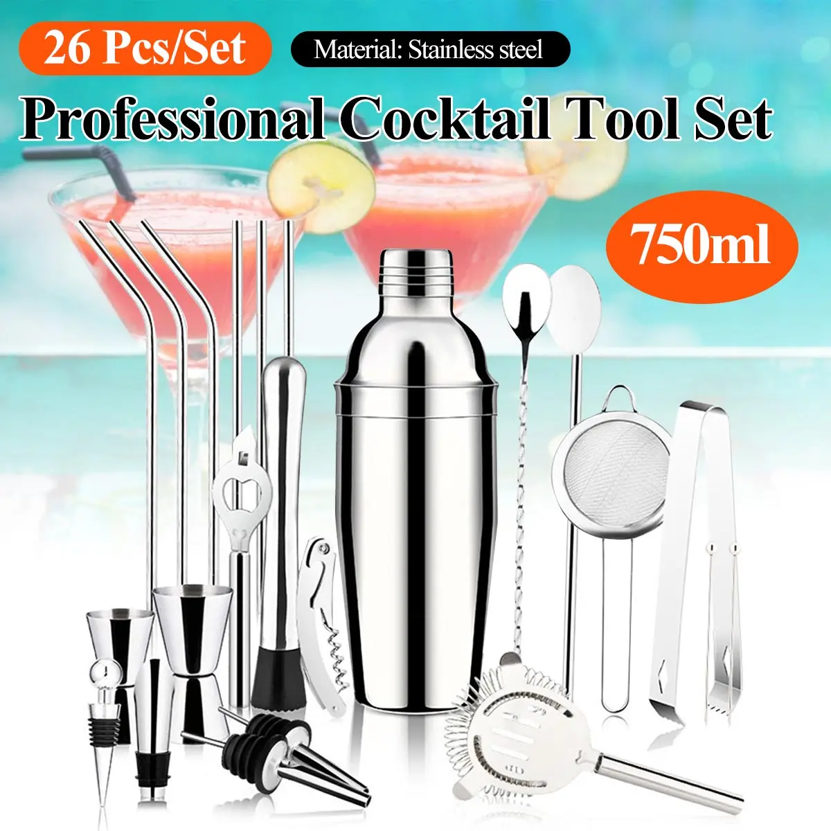 

26Pcs Set Cocktail Shaker Mixer Kit Stainless Steel Bar Pub Bartender Martini Tool Set Kitchen Home Bartender Browser Kit Tools