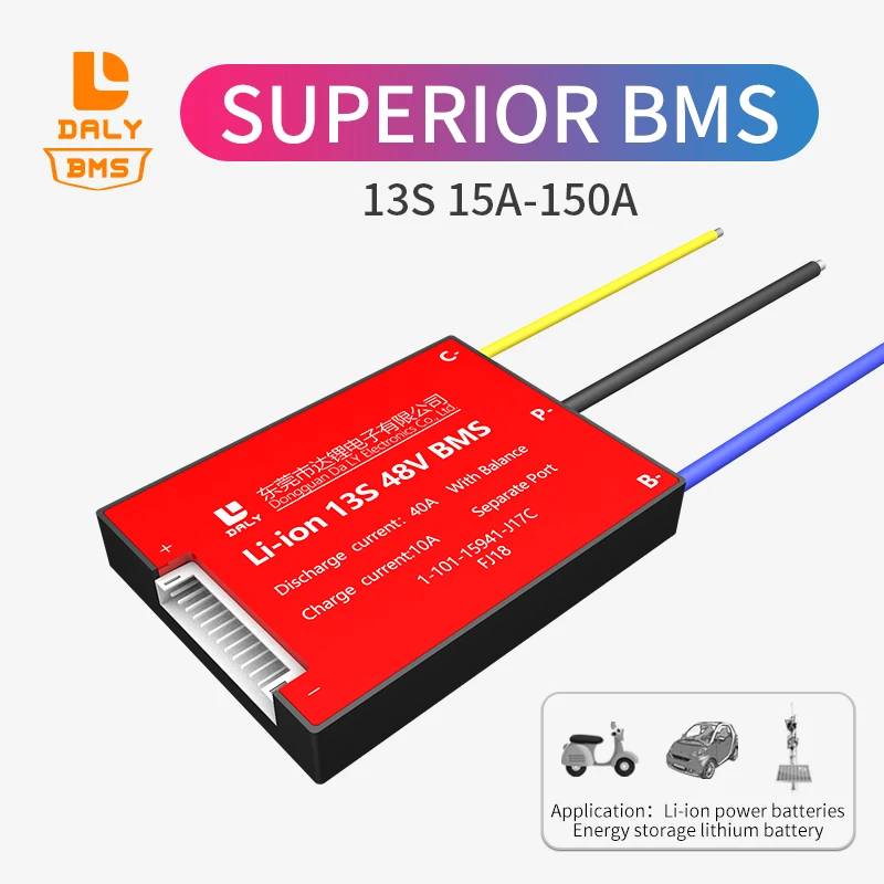 

Daly 3.6V 3.7V 18650 13S 48V E-bike Li Ion Battery 20A 30A 40A 50A 60A 80A 100A 120A 150A Seperate Port with Balance