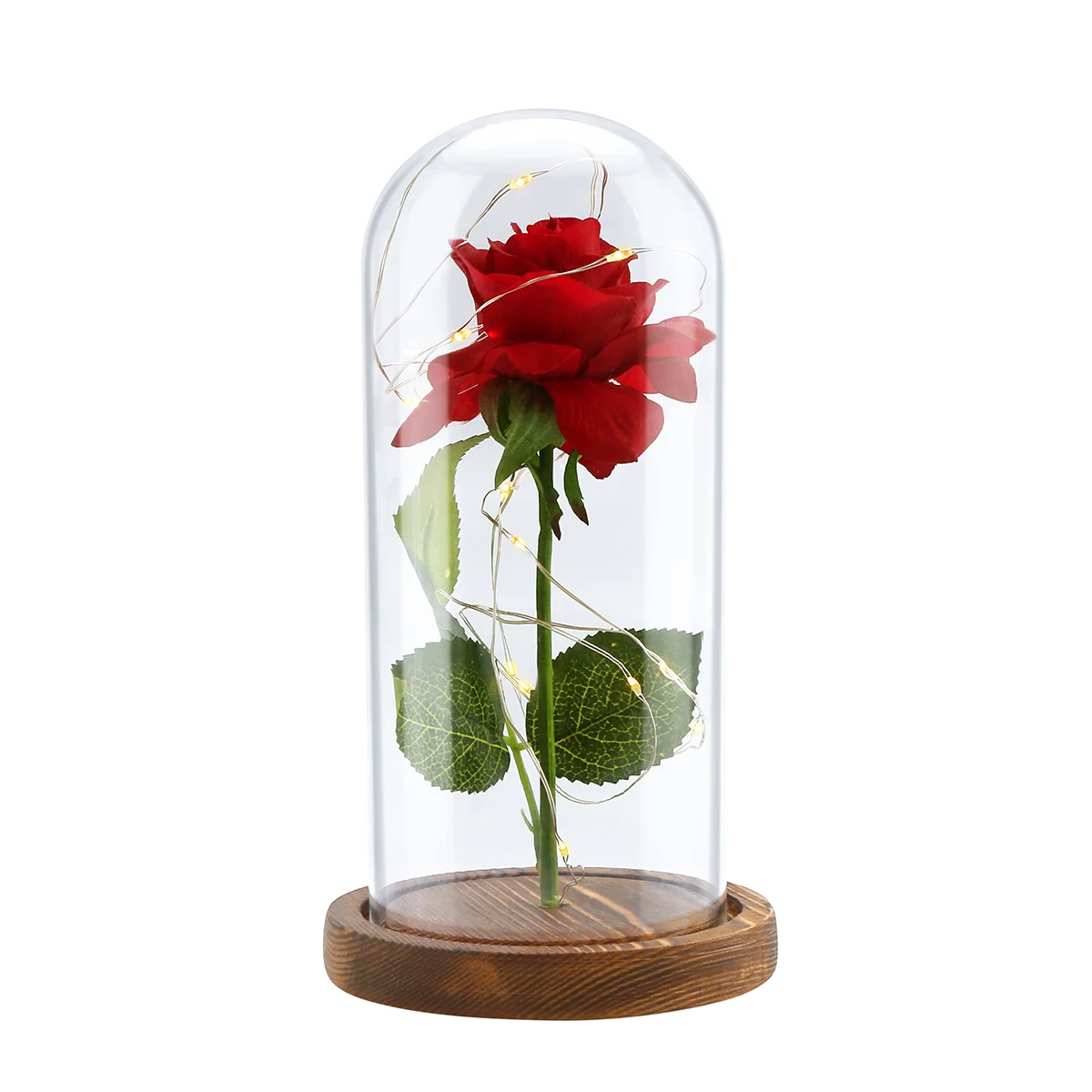 

Hot Beauty Red Rose In Glass Dome Wooden Base For Decorate Valentine's Day Gifts Christmas LED Rose Lamps Flower