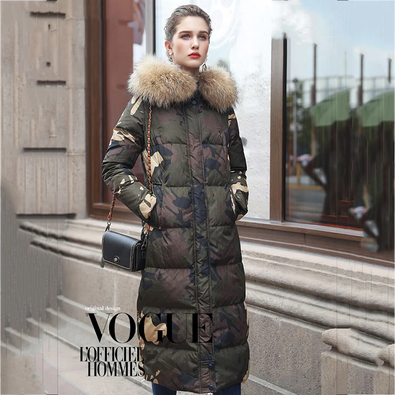 Женская парка с капюшоном длинная камуфляжная куртка на утином пуху воротником