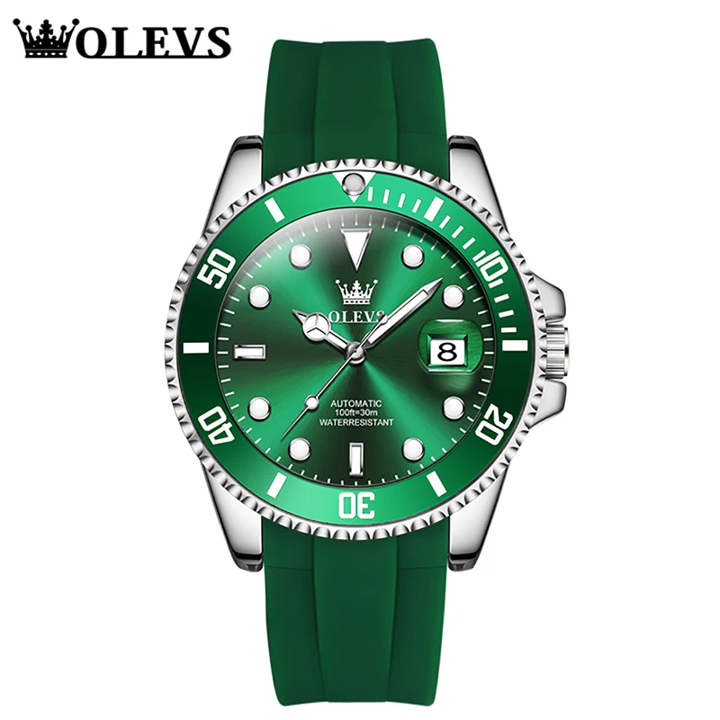 

OLEVS Top Brand Men Mechanical Watches Luxury Automatic Wrist Watch Silicone Green Black Sapphire Waterproof Wristwatch