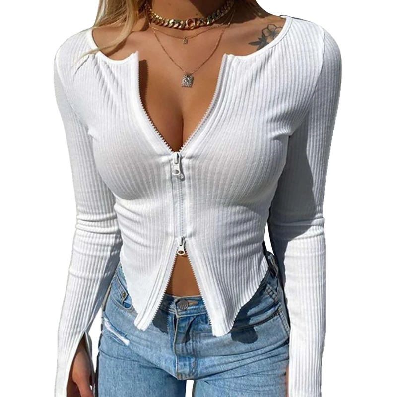 

Fashion Casual Women Spring Autumn Clothes Zipper Design Ribbed Solid Crop Tops Sexy Knitted Tunic Stylish Tee Solid Slim Shirts