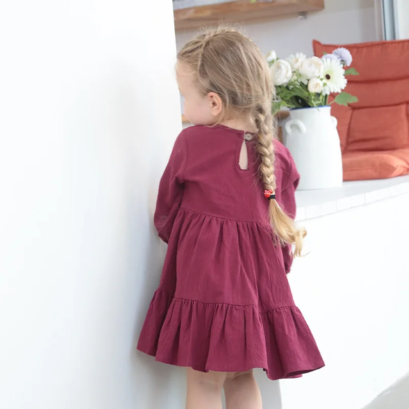 

Girls Dress For Children Kids Red Wine Ruffle Dresses For Girl Party Casual Dress And Baby Children Fashion O-Neck Clothes