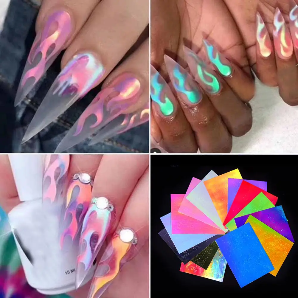 16 шт. пламенная наклейка для ногтей Aurora Fire Nail полоса Голографическая лента пламя Светоотражающая самоклеящаяся фольга Лазерная Фольга для маникюра наклейка s