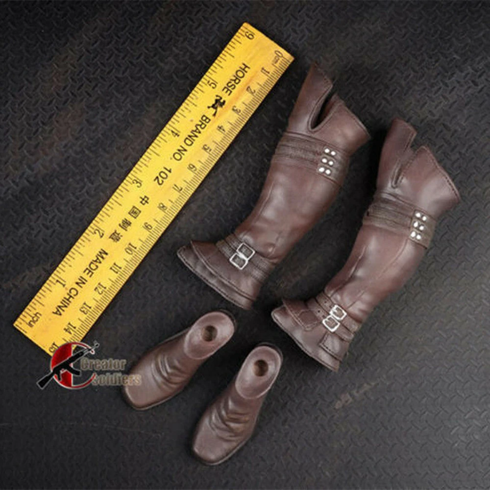 1/6 Male Leather Brown Long Boots Shoes Toy With Feet F 12