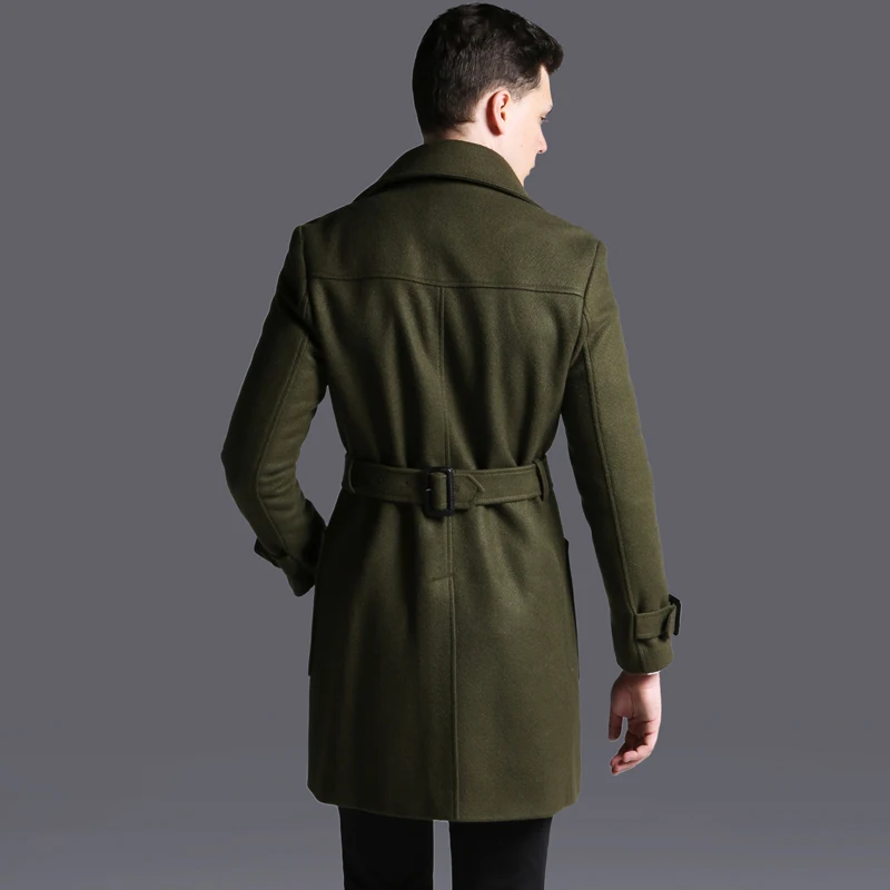 Мужская шерстяная однобортная куртка зеленое длинное пальто в британском стиле