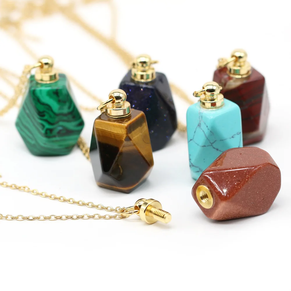 

Natural Rose Quartzs Tiger Eye Stone Faceted Perfume Bottle Pendant Necklace Essential Oil Diffuser Vial Necklaces Women Jewelry