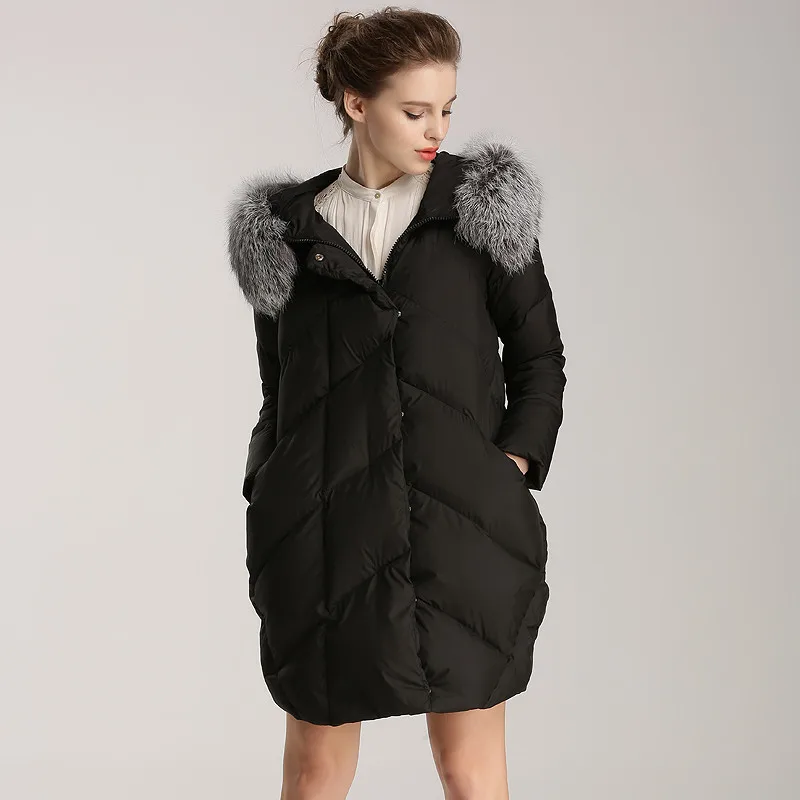 Модные женские куртки на пуху с меховым воротником и капюшоном женская зимняя
