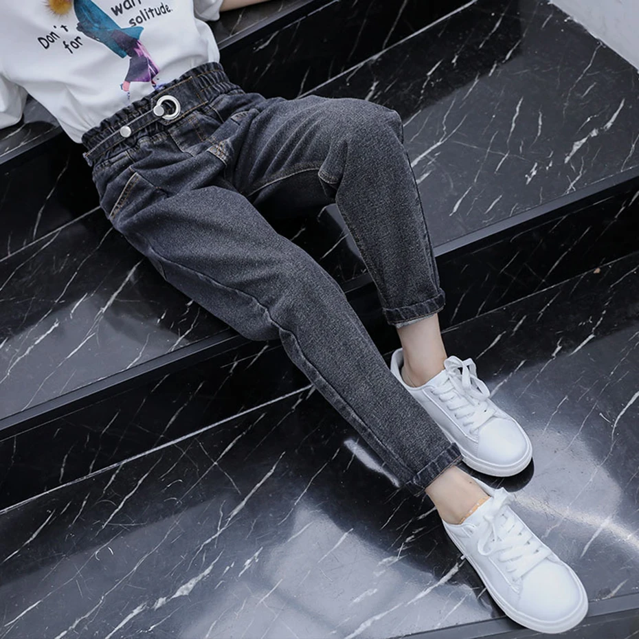 Джинсы для девочек однотонные джинсы с высокой талией модные пряжкой на поясе