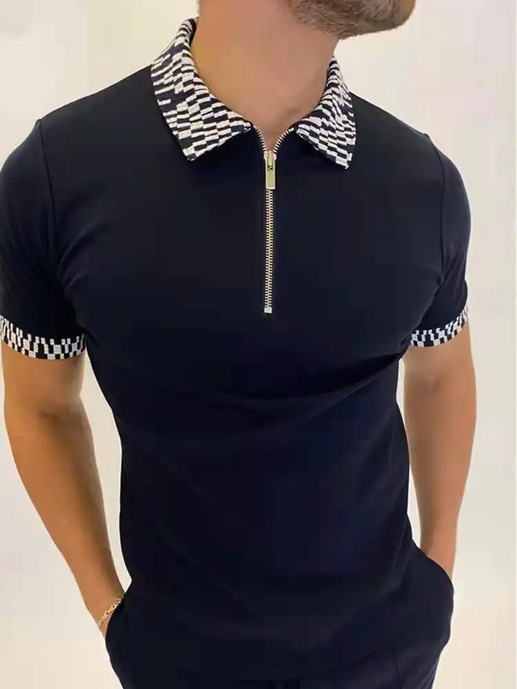 

Summer Polo Shirt Men's Tees Streetwear Fashion Splicing Men Short Sleeve Polo Shirts Casual Turn-down Collar Zipper Design Tops
