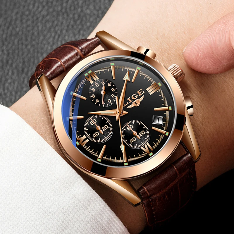 

LIGE Fashion Men Watches Top Brand Luxury Military Quartz Watch Leather Waterproof Sport Chronograph Watch Men Relogio Masculino