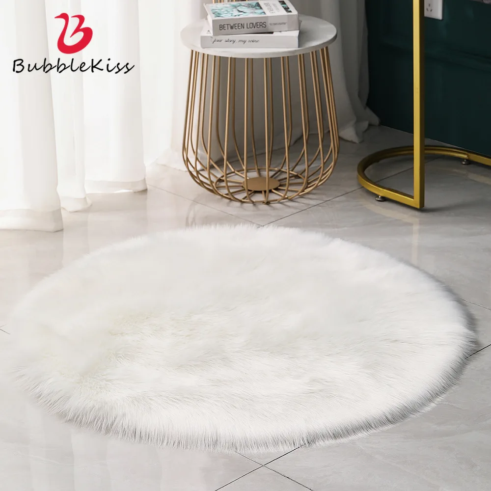 

Bubble Kiss Bedroom Round Carpet for Photoshoot Fluffy Sheepskin Fur Area Rug Floor White Faux Fur Bedside Dressing Table Rug