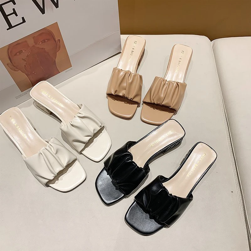 

Low Heel Slippers Women 2021 Fashion Leather Pleated Designer Casual Slides Female Shoes Black Beige Khaki Summer Slippers