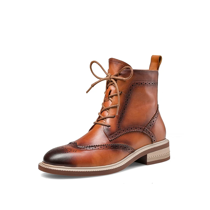 Harga Sepatu Bot Wanita Ritsleting Berenda Potongan Musim Semi/Musim Gugur Sepatu Bot Martin Kulit Asli Baru Dengan Ujung Bundar Flat Dengan Sepatu Med(3Cm-5Cm) Mikrofiber