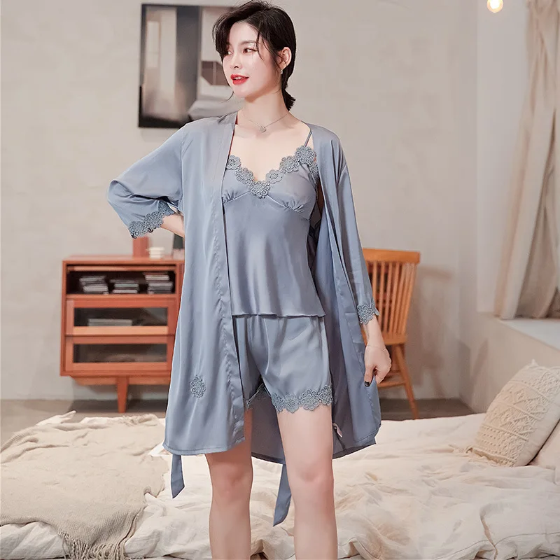 

Sexy 3PCS Pajamas Set Lady Spring Pyjamas Long Sleeve Kimono Robe Gown Satin Suspender Shorts Suit Lace Thin Home Clothing