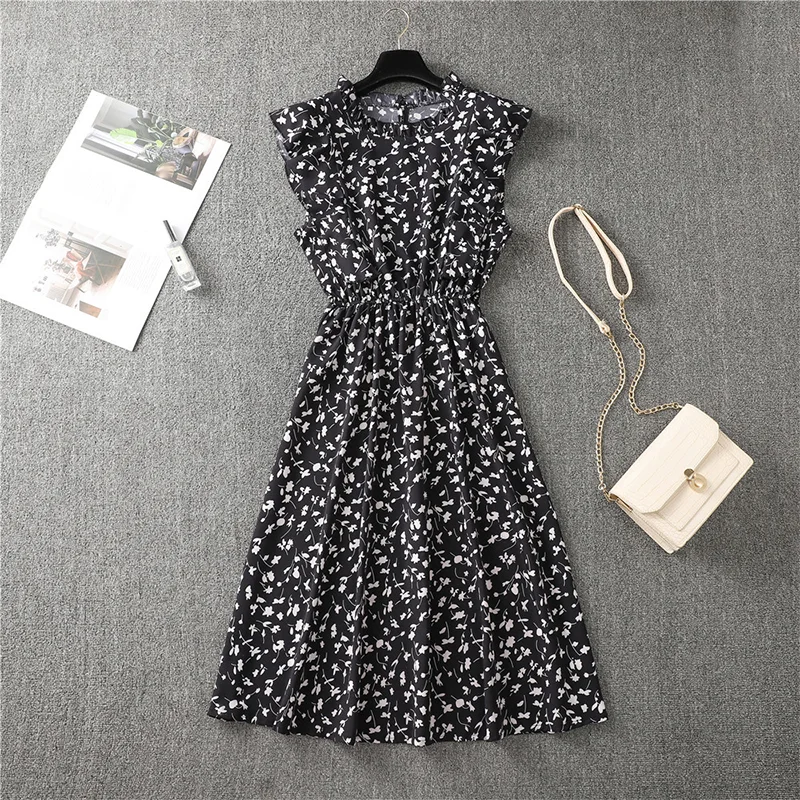 

Dress Ladies Summer 2021 Polka Dot Printed Chiffon Elegant Knee Ruffled Sleeveless Red Mid-Length Fashion Dress Ladies Summer