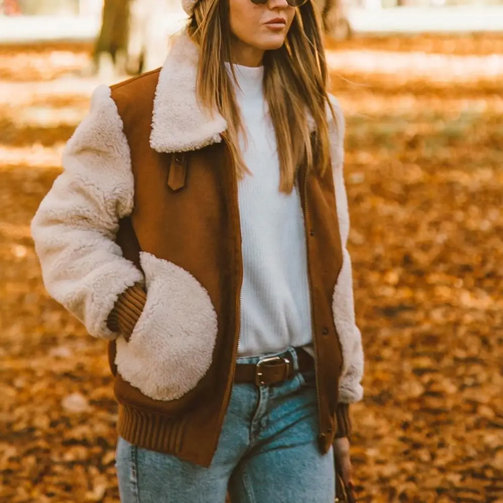 2019 Winter Lambswool Patchwork Women Coats And Jackets Thick Warm Outwear Bomber Ladies Fur cwf0196-5 | Женская одежда