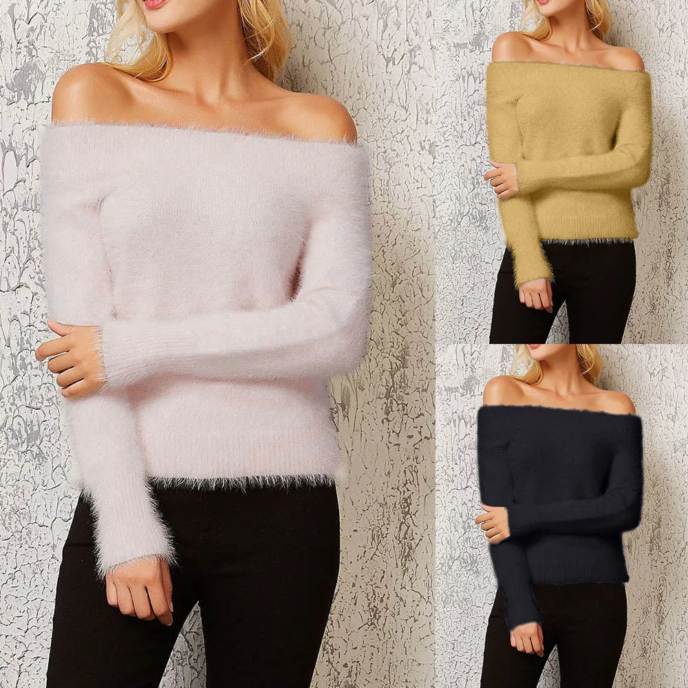 women pullovers knitwear sweater Winter Long Sleeve Off Shoulder Solid Sweater Pullover Tops Blouse Shirt Y917 | Женская одежда