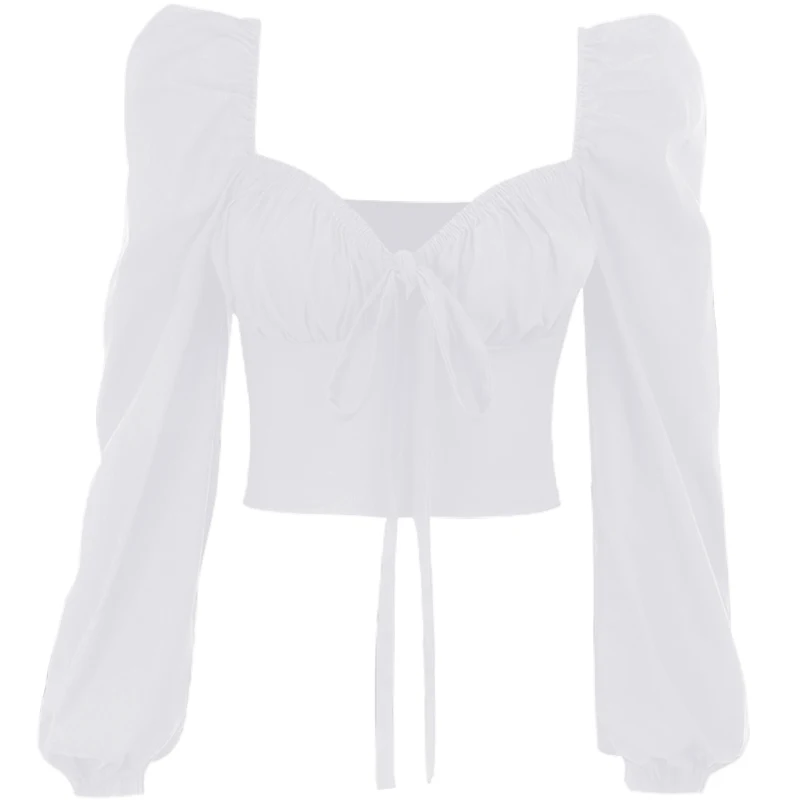 Autumn Vintage Long Sleeve Blouse Women V-Neck Folds Design Big Backless Tight Short Shirt Tops | Женская одежда