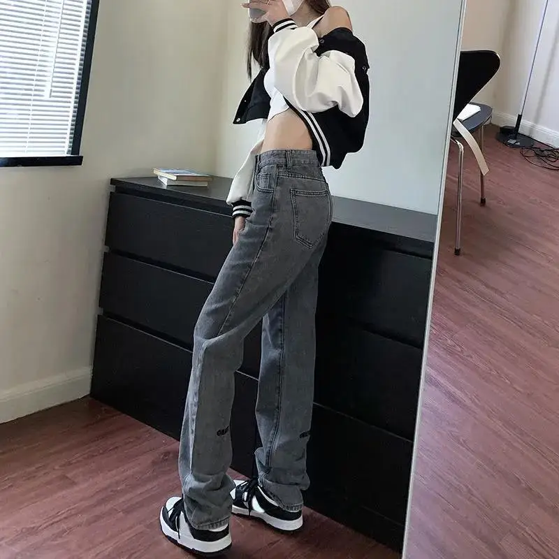 

Женские джинсы с надписью, модные уличные эстетические прямые брюки Y2k в стиле ретро, базовые джинсовые женские брюки с высокой талией в Корейском стиле Харадзюку, Новинка