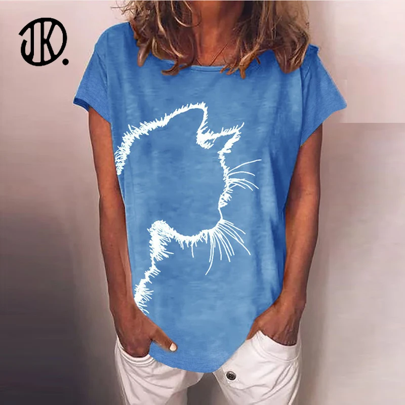

Round Neck Floral Print T-shirt Fashion Cat Head Printed Ladies Top Casual O-neck Summer T Shirt Loose Women's Clothing New Tees