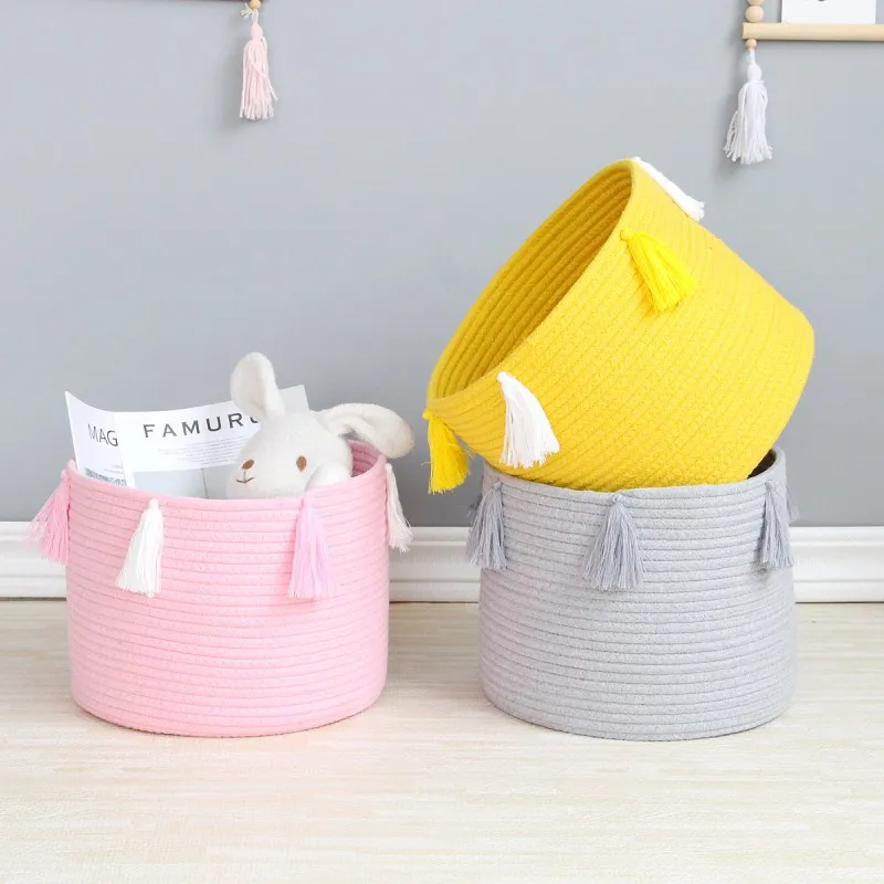 

INS Cotton Rope Storage Basket With Tassels Woven Dirty Clothes Laundry Baskets Desktop Sundries Organizer Hamper Toys Barrel