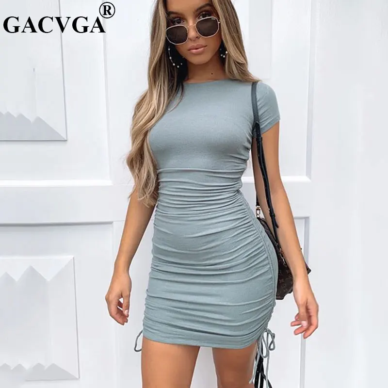 

GACVGA Cotton Ruched Drawstring Sexy Party Dress Women Short Sleeve Elastic Mini Dress Vintage Summer Bodycon Club Wear Vestidos