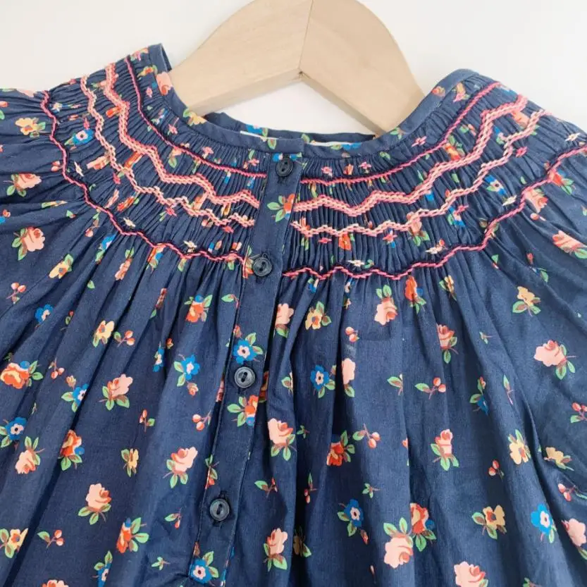 

2-10years Summer Retro Smocking Embroidery Print Puff Sleeve Casual Blanket Dress For Baby Girl O-neck Birthday Party A359