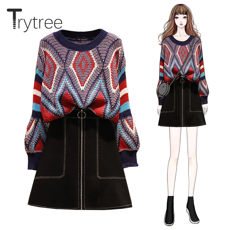 

Trytree 2020 Autumn Winter Two piece set Casual O-neck Print Loose Knitting Top + Skirt Mini Zipper Pockets Fashion 2 Piece Set