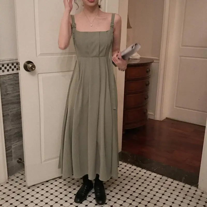 

2021 New Fashion Women Maxi Long Dress Elegant Sukienki High Waist Sexy Spaghetti Strap Pleated Vestidos Ropa Mujer Party Robe