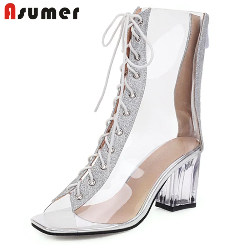 Женские ботильоны на шнуровке ASUMER прозрачные повседневные ботинки из ПВХ
