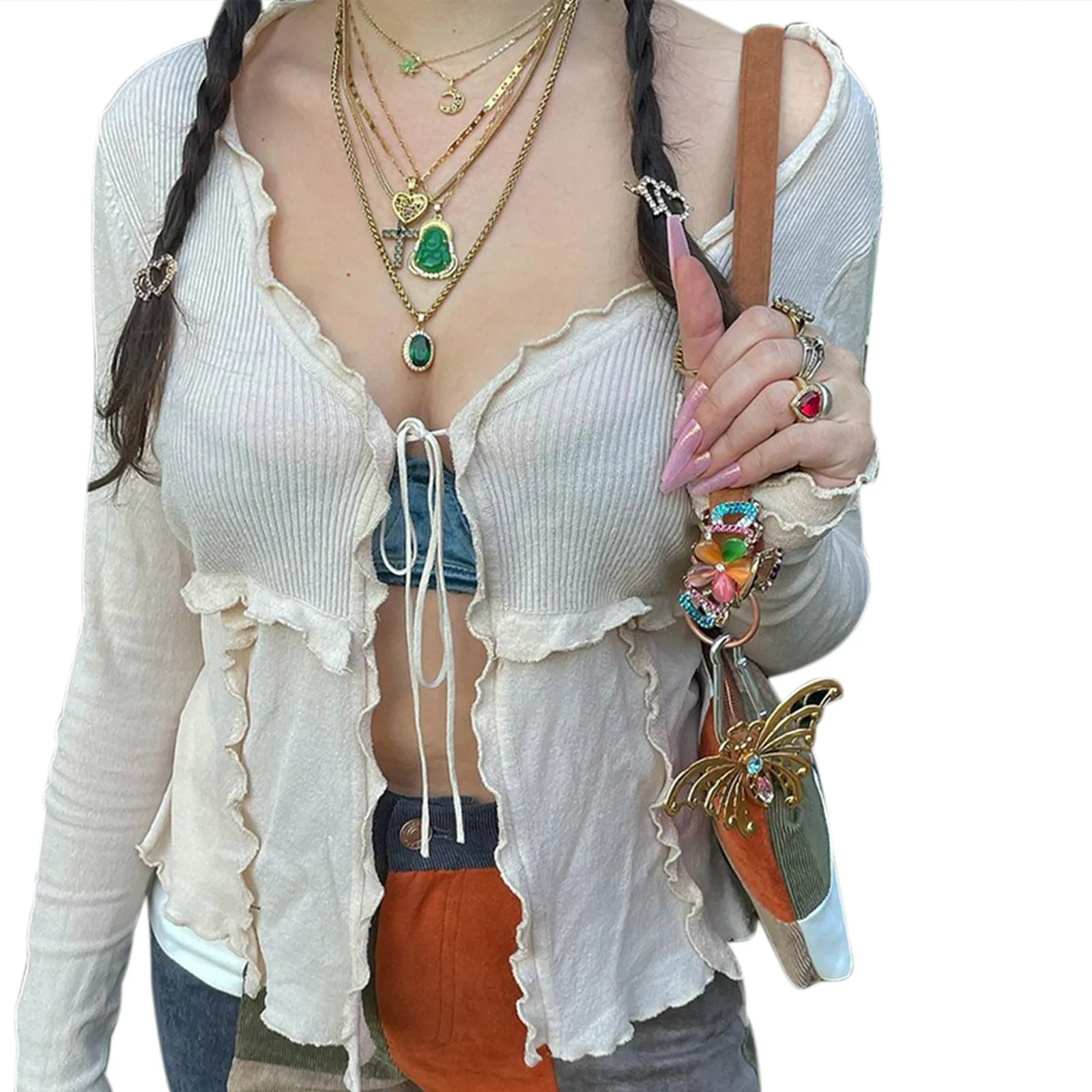 

Женский кардиган с длинным рукавом, повседневный однотонный кардиган с V-образным вырезом и оборками, новинка 2021