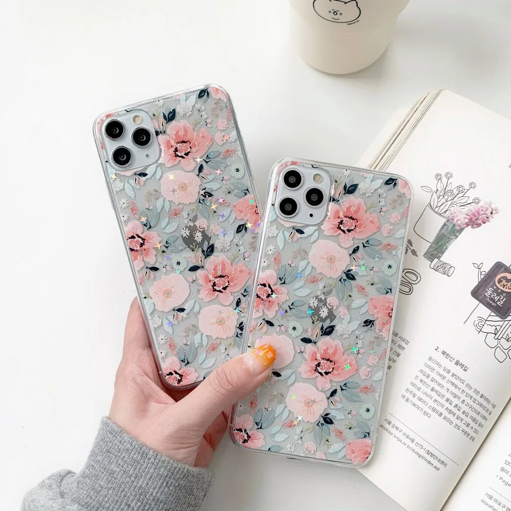 Color floral glitter TPU soft phone case for iPhone SE2020 11 128gb Pro X XS Max XR 7 8 Plus strong shockproof back cover | Мобильные