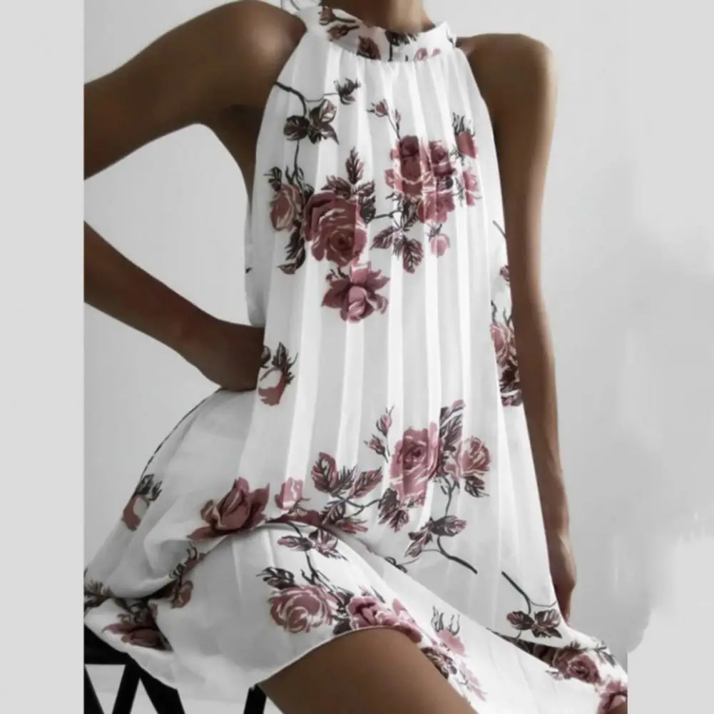 

Loose Women Bohemian Dress Floral Print Neck Mounted Retro Pleated Chiffon Summer Sleeveless Ladies Casual Dresses