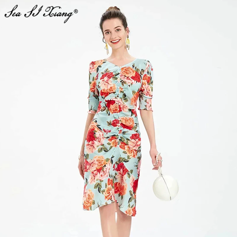 

Seasixiang Fashion Designer Summer Dress Women V-Neck Lantern Sleeve Folds Rose Floral Print Mermaid Dresses