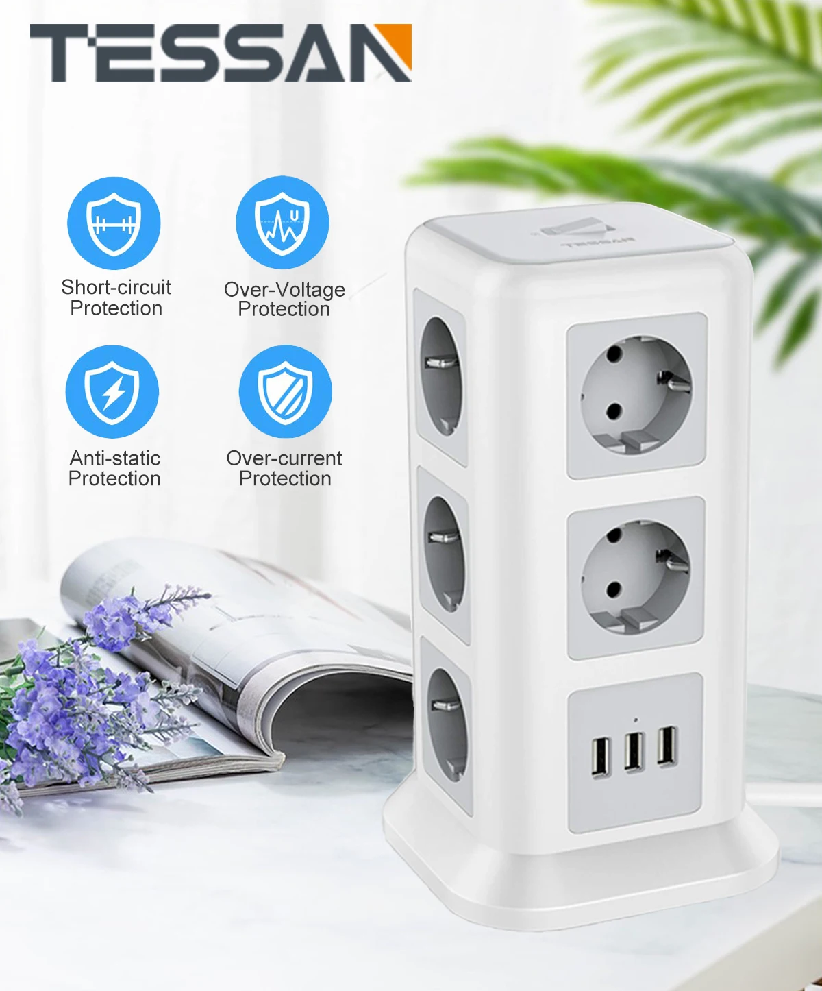 

TESSAN EU Multiple Socket Tower Power Strip with On/Off Switch, 11 AC Outlets, 3 USB Ports & 2M Extension Cord for Home, Office