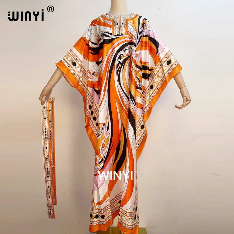 

WINYI 2020 Long Length Dress Women Silk Print Vacation Bohemian Batwing V Collar Over Size Elegant New Fashion Tide