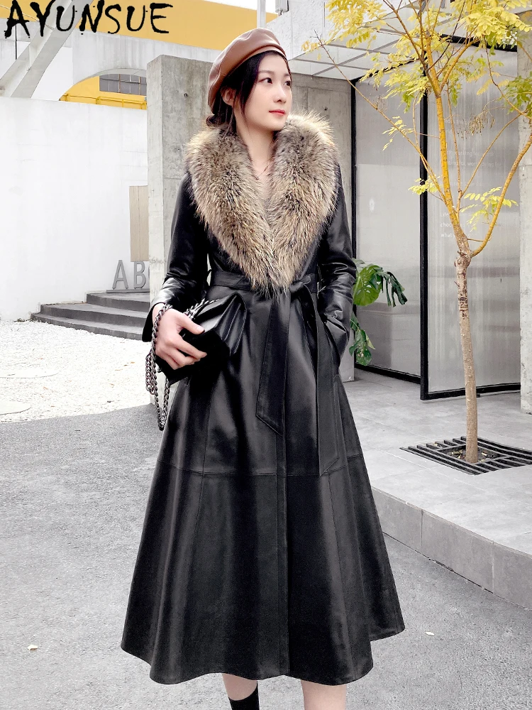 

2020 Genuine Leather Jacket Women Long Women's Down Jackets Sheepskin Coat Female Raccoon Dog Fur Collar Cuero Genuino Pph1794