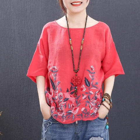 Женская винтажная блузка с цветочной вышивкой размера плюс Летняя Повседневная