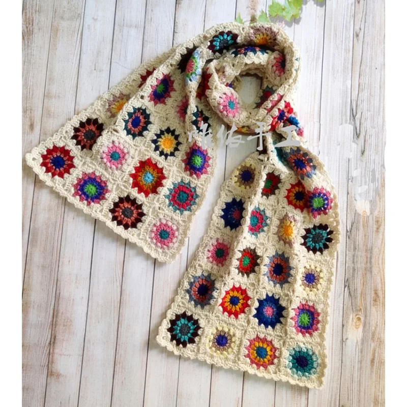 

Handmade Wool Soft Scarf Shawls Wraps For Women With Granny Square Pattern Handmade Crochet Kintting Winter Clothing Keep Warm