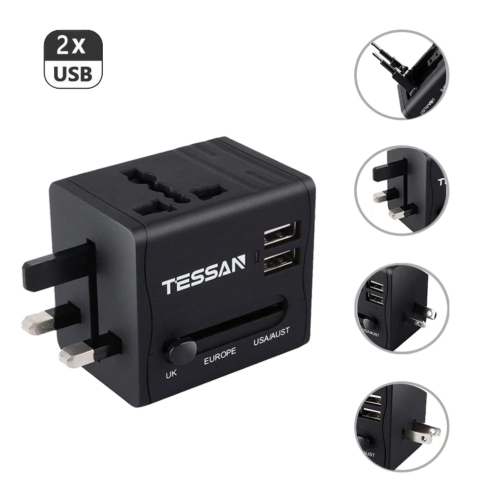 

Mini Size Travel Adapter Internation Power Plug with Universal Outlet 2 USB Ports and Spare Fuse for Overload Protector