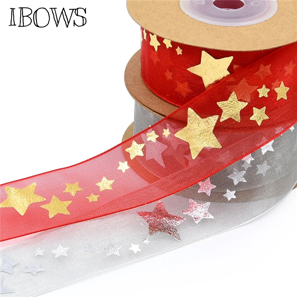 

IBOWS 10yards Organza Ribbon Stars Foil Printed Ribbon for DIY Crafts Materials Festival Party Decoration Flowers Gift Wrapping