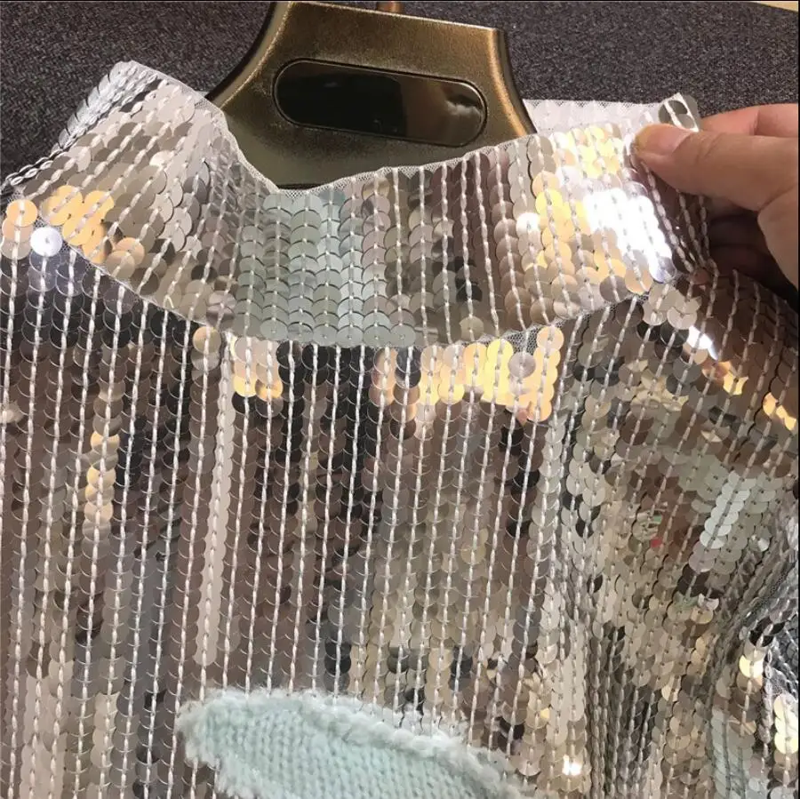 New Heavy Handmade Sequined Sweater Stitch Mohair Light Green Women's Knit Jumper Pullover Top Ladies Pull Femme | Женская одежда