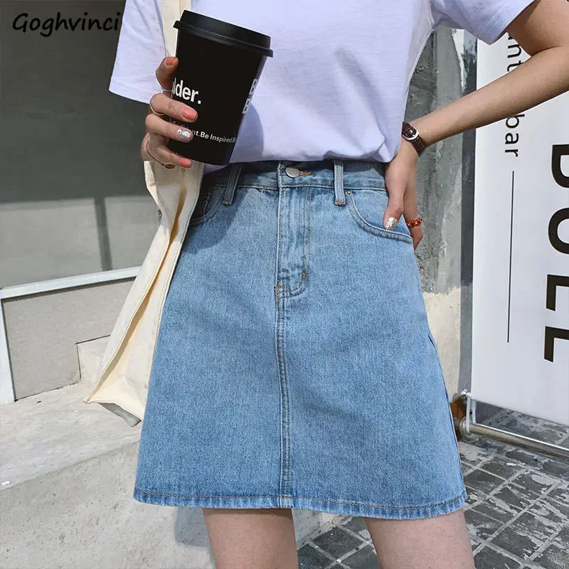 

Skirts Women Summer Denim A-line Solid Vintage Washed Korean Hip-skirt Mini Fashion Students Street Wear Womens Faldas Slender