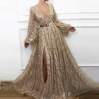 Блестящее вечернее Тюлевое платье с золотыми блестками, официальное платье с длинными рукавами и V-образным вырезом, женское вечернее платье с разрезом сбоку, арабское платье Abiye