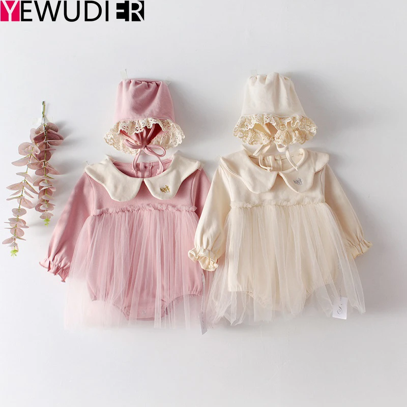 

Spring Baby Girls Rompers Clothes Newborn Cotton Long Sleeve Jumpsuits Toddler Mesh Embroidered Party Dress Outfits With One Hat