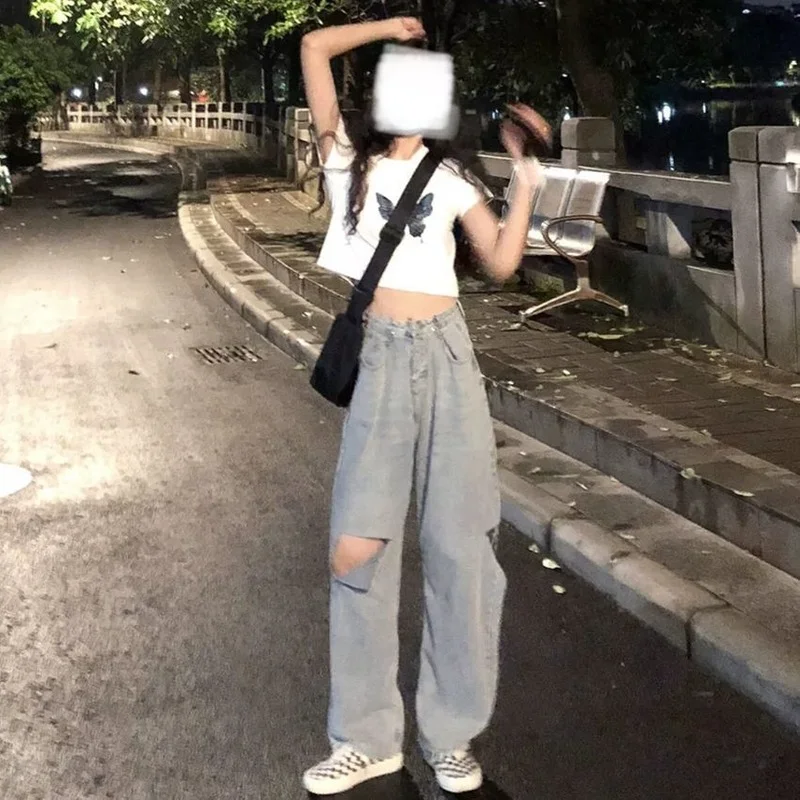 

Hole Design Women Jeans Wide Leg Denim Trousers High Waist Loose Leisure All-match Students Harajuku Retro Spring All Match Chic