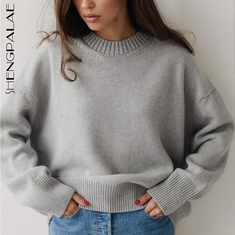 

SHENGPALAE модные шикарные однотонные вязаные пуловеры женские осенние 2021 Новые повседневные свободные свитера с длинными рукавами и круглым в...