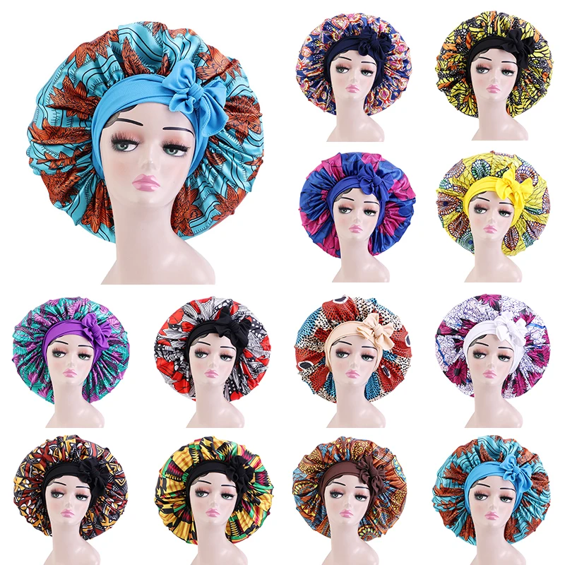 

Large Streamer Night Cap Wide-brimmed Western Style Printed Night Cap Printed Satin Round Cap Stretchy Hairdressing Hat